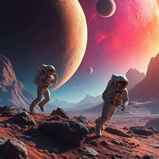 Astronauts exploring a vibrant, alien landscape in 'Cosmic Frontier'.