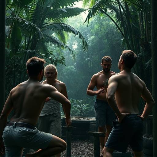 Contestants competing fiercely on 'Extreme Survival Challenge', a reality TV show set in the Amazon rainforest.