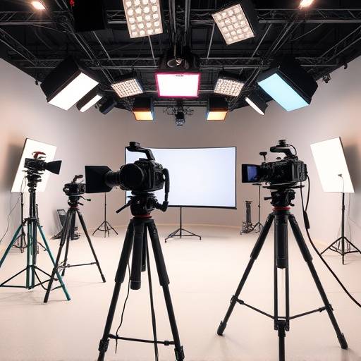 Interior of television studio with cameras and lighting equipment